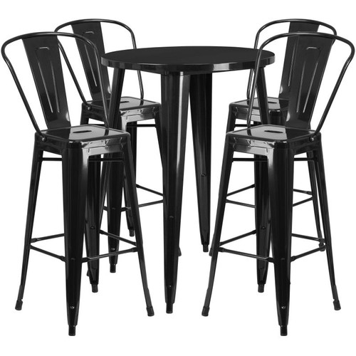 Flash Furniture CH-51090BH-4-30CAFE-BK-GG 30" Dia. x 41" H Black Metal Round Bar Height Table and 4 Bar Stool Set