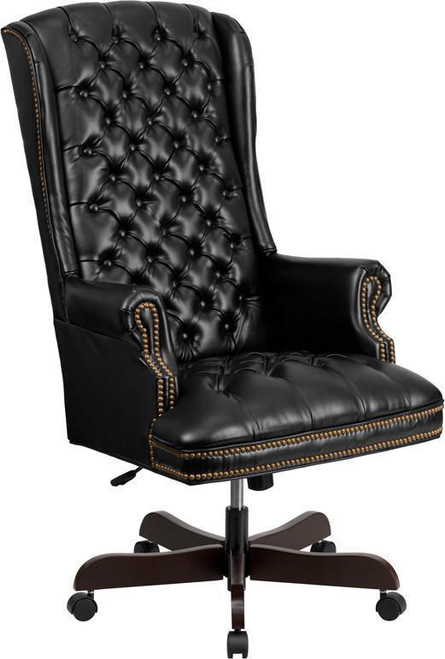 Flash Furniture CI-360-BK-GG Black Bonded Leather Mahogany Wood Capped Metal Base Traditional Executive Swivel Office Chair