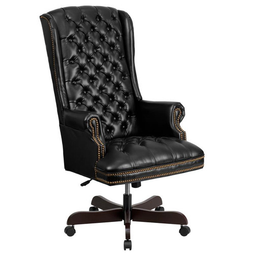 Flash Furniture CI-360-BK-GG Black Bonded Leather Mahogany Wood Capped Metal Base Traditional Executive Swivel Office Chair