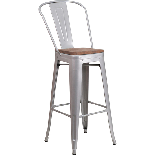 Flash Furniture CH-31320-30GB-SIL-WD-GG Silver Metal Curved Back With Vertical Slat Bistro Style Bar Stool