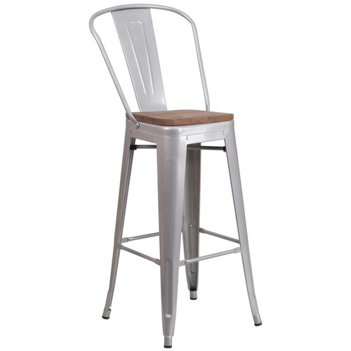 Flash Furniture CH-31320-30GB-SIL-WD-GG Silver Metal Curved Back With Vertical Slat Bistro Style Bar Stool