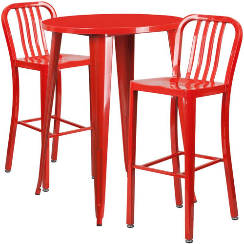 Flash Furniture CH-51090BH-2-30VRT-RED-GG 30" Dia. x 41" H Red Metal Round Bar Height Table and 2 Bar Stool Set