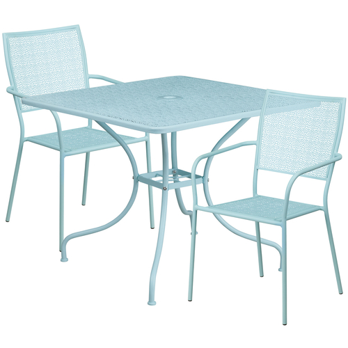 Flash Furniture CO-35SQ-02CHR2-SKY-GG 35.5" W x 35.5" D x 28" H Sky Blue Steel Square Patio Table Set with 2 Chairs