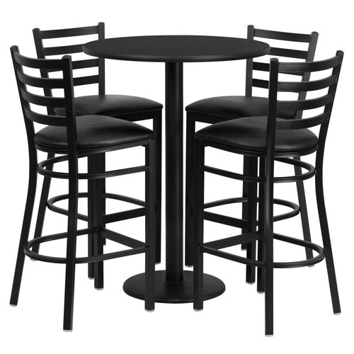 Flash Furniture RSRB1021-GG 30" Dia. x 42" H Black Laminate Finish Round Table Set with 4 Metal Ladder Back Metal ladder Back Bar Stools