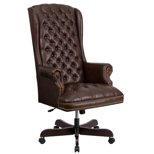 Flash Furniture CI-360-BRN-GG Brown Bonded Leather Mahogany Wood Capped Metal Base Traditional Executive Swivel Office Chair