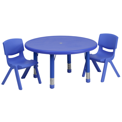 Flash Furniture YU-YCX-0073-2-ROUND-TBL-BLUE-R-GG 33" Dia. x 14 1/2" - 23 3/4" Adjustable Height Blue Round Preschool Activity Table Set with 2 Chairs