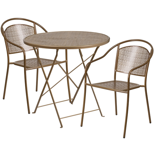 Flash Furniture CO-35SQ-03CHR2-GD-GG 35.5" W x 35.5" D x 28.75" H Gold Steel Square Patio Table Set with 2 Chairs