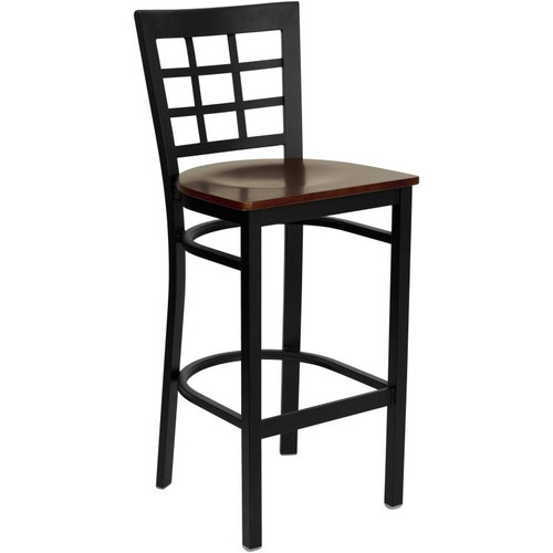 Flash Furniture XU-DG6R7BWIN-BAR-MAHW-GG Mahogany Finish Seat With Window Back Steel Black Powder Coated Frame Hercules Series Restaurant Bar Stool
