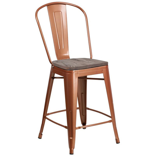 Flash Furniture ET-3534-24-POC-WD-GG 40.25" H Copper Galvanized Steel Counter Height Curved Back With Vertical Slat Bar Stool