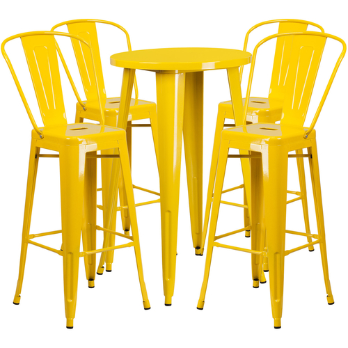 Flash Furniture CH-51080BH-4-30CAFE-YL-GG 24" Dia. x 41" H Yellow Metal Round Bar Height Table and 4 Bar Stool Set