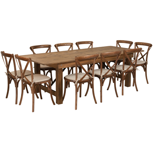Flash Furniture XA-FARM-13-GG 96" W x 40" D x 30" H Rectangular Antique Rustic Folding Hercules Series Farm Table Set with 10 Chairs