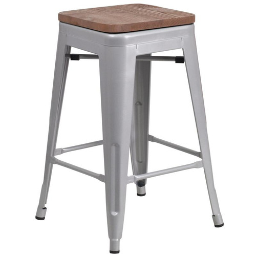 Flash Furniture CH-31320-24-SIL-WD-GG Silver Textured Wood Seat With Galvanized Steel Counter Height Backless Bar Stool