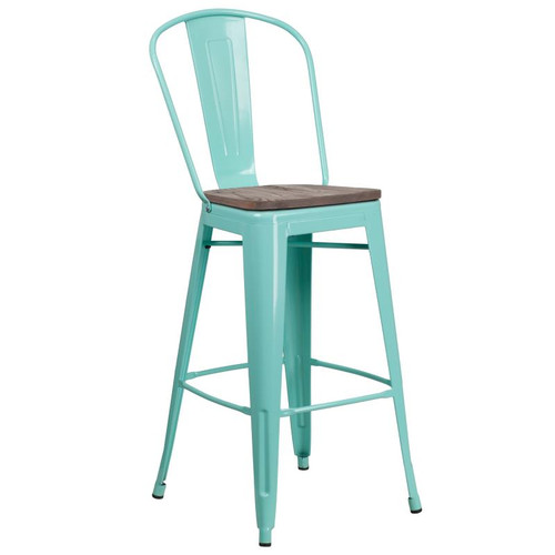 Flash Furniture ET-3534-30-MINT-WD-GG 46" H Mint Green Galvanized Steel Curved Back With Vertical Slat Bar Stool