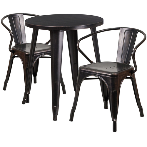 Flash Furniture CH-51080TH-2-18ARM-BQ-GG 24" Dia. x 29" H Black and Antique Gold Metal Round Table and 2 Chair Set