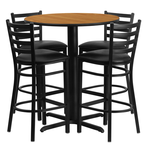 Flash Furniture HDBF1023-GG 30" Dia. x 42" H Natural Laminate Finish Round Table Set with 4 Metal Ladder Back Bar Stools