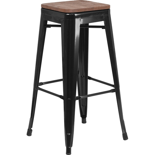 Flash Furniture CH-31320-30-BK-WD-GG Black Textured Wood Seat With Galvanized Steel Backless Bar Stool