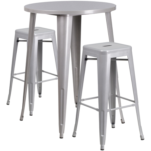 Flash Furniture CH-51090BH-2-30SQST-SIL-GG 30" Dia. x 41" H Silver Metal Round Bar Height Table and 2 Bar Stool Set