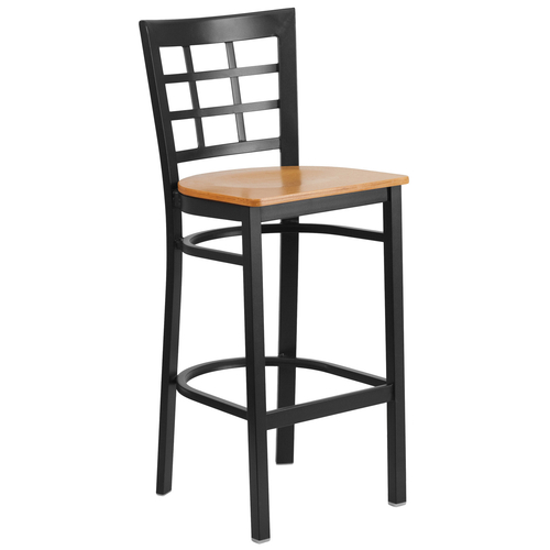 Flash Furniture XU-DG6R7BWIN-BAR-NATW-GG Natural Finish Seat With Window Back Steel Black Powder Coated Frame Hercules Series Restaurant Bar Stool