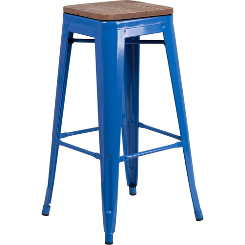 Flash Furniture CH-31320-30-BL-WD-GG Blue Textured Wood Seat With Galvanized Steel Backless Bar Stool