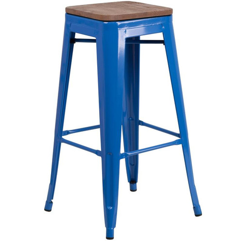Flash Furniture CH-31320-30-BL-WD-GG Blue Textured Wood Seat With Galvanized Steel Backless Bar Stool