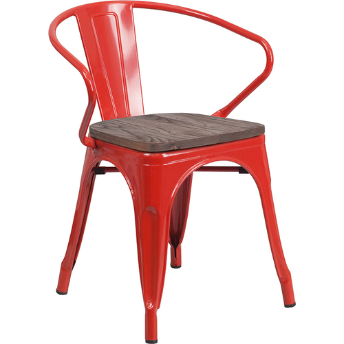 Flash Furniture CH-31270-RED-WD-GG Red Metal Back with Arms Vertical Slat Wood Seat Bistro Style Stacking Armchair
