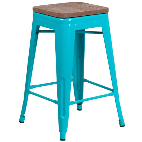 Flash Furniture ET-BT3503-24-CB-WD-GG Teal Blue Galvanized Steel Drain Hole In Seat Counter Height Backless Bar Stool