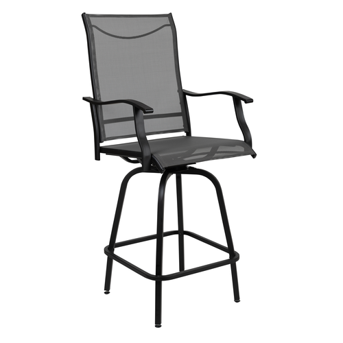 Flash Furniture 2-ET-SWVLPTO-30-GR-GG Gray Textilene Sling Fabric Black Galvanized Steel Frame Bar Height Patio Swivel Stool