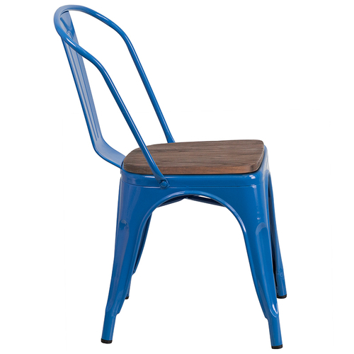 Flash Furniture CH-31230-BL-WD-GG Blue Metal Curved Back with Vertical Slat Textured Wood Seat Stacking Side Chair