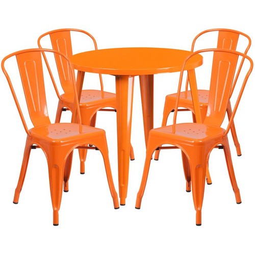 Flash Furniture CH-51090TH-4-18CAFE-OR-GG 30" Dia. x 29 1/2" H Orange Metal Round Table and 4 Chair Set