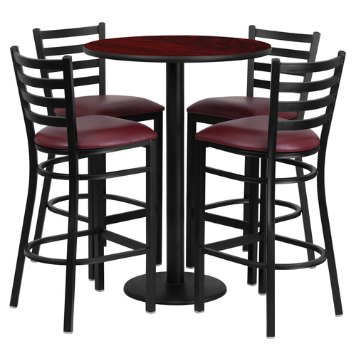 Flash Furniture RSRB1026-GG 30" Dia. x 42" H Mahogany Laminate Finish Round Table Set with 4 Metal Ladder Back Metal ladder Back Bar Stools
