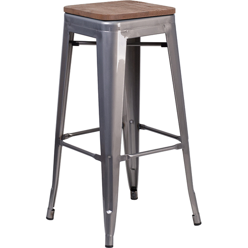 Flash Furniture XU-DG-TP0004-30-WD-GG Silver with Clear Coat Wood Seat Backless Bar Stool