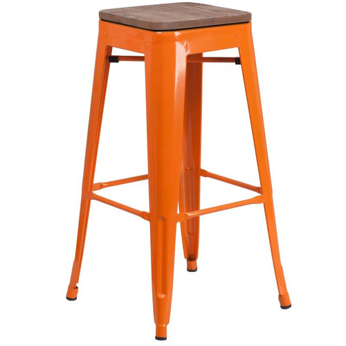 Flash Furniture CH-31320-30-OR-WD-GG  Orange Textured Wood Seat With Galvanized Steel Backless Bar Stool