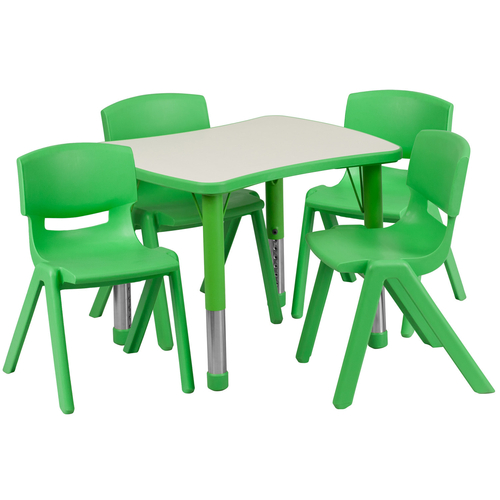 Flash Furniture YU-YCY-098-0034-RECT-TBL-GREEN-GG 26 5/8" W x 21 7/8" D x 14 1/2" - 23 3/4" Adjustable Height Green Plastic and Gray Laminate Rectangular Preschool Activity Table Set with 4 Chairs