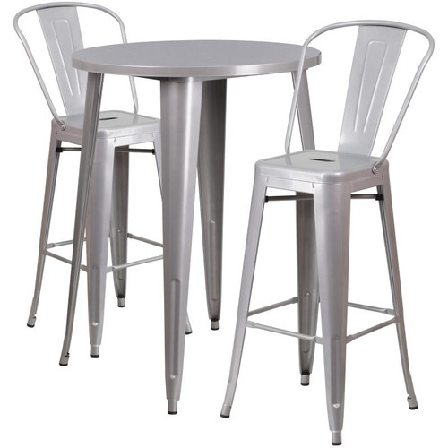 Flash Furniture CH-51090BH-2-30CAFE-SIL-GG 30" Dia. x 41" H Silver Metal Round Bar Height Table and 2 Bar Stool Set