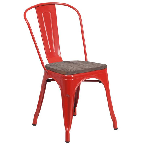 Flash Furniture CH-31230-RED-WD-GG Red Metal Curved Back with Vertical Slat Textured Wood Seat Stacking Side Chair