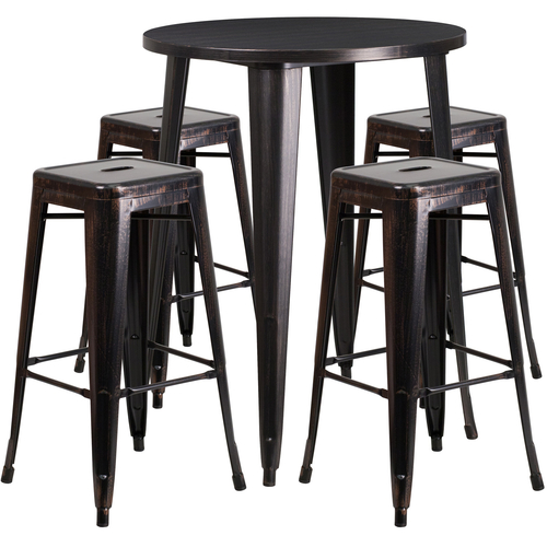 Flash Furniture CH-51090BH-4-30SQST-BQ-GG 30" Dia. x 41" H Black and Antique Gold Metal Round Bar Height Table and 4 Bar Stool Set