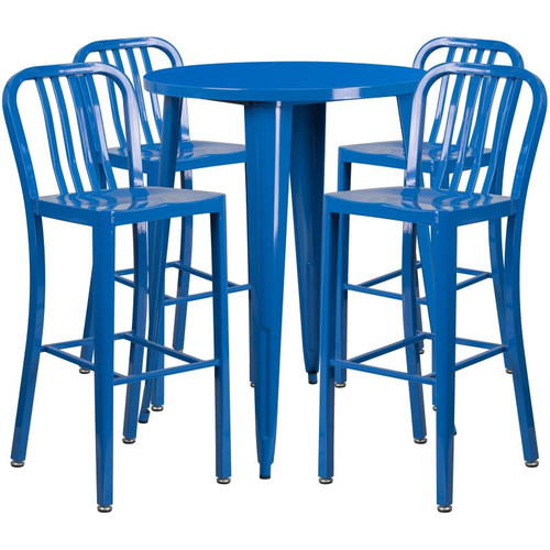 Flash Furniture CH-51090BH-4-30VRT-BL-GG 30" Dia. x 41" H Blue Metal Round Bar Height Table and 4 Bar Stool Set