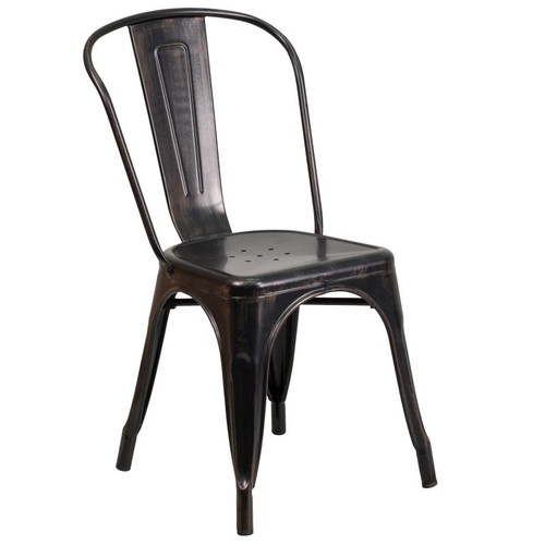 Flash Furniture CH-31230-BQ-GG Black and Antique Gold Stackable Galvanized Steel Drain Holes in Seat Stacking Side Chair