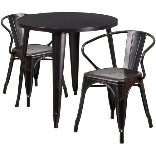 Flash Furniture CH-51090TH-2-18ARM-BQ-GG 30" Dia. x 29 1/2" H Black and Antique Gold Metal Round Table and 2 Chair Set