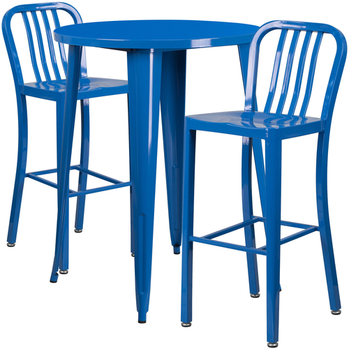 Flash Furniture CH-51090BH-2-30VRT-BL-GG 30" Dia. x 41" H Blue Metal Round Bar Height Table and 2 Bar Stool Set
