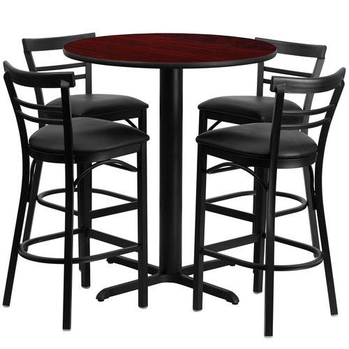 Flash Furniture HDBF1034-GG 24" Dia. x 42" H Mahogany Laminate Finish Round Table Set with 4 Metal Ladder Back Bar Stools