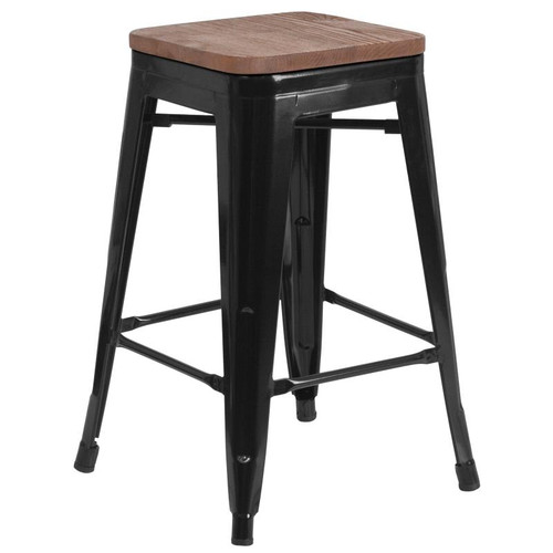 Flash Furniture CH-31320-24-BK-WD-GG Black Galvanized Steel Counter Height Backless Bar Stool