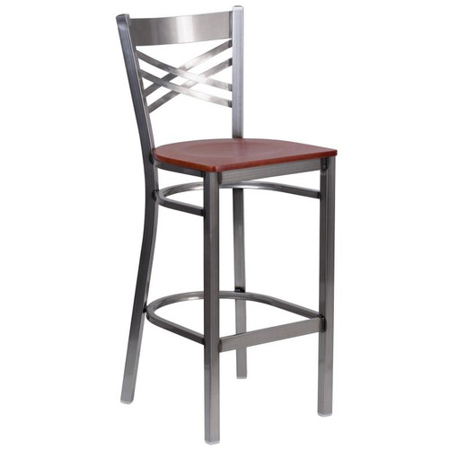 Flash Furniture XU-6F8B-CLR-BAR-CHYW-GG Hercules Series Cherry Wood Seat Silver Antique Steel Frame with Clear Coat Finish Restaurant Bar Stool