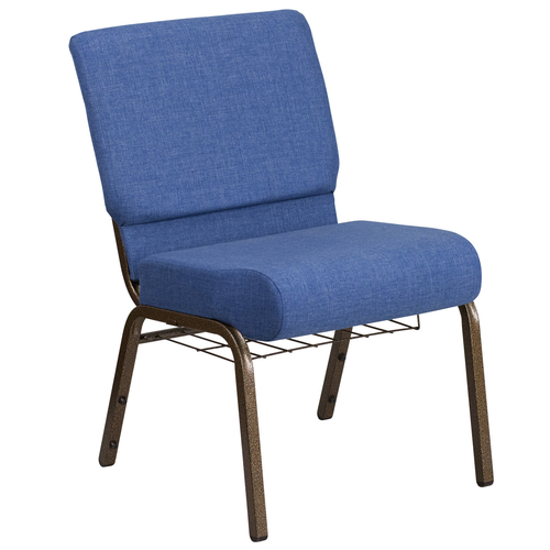 Flash Furniture FD-CH0221-4-GV-BLUE-BAS-GG Blue 21.25" Width Steel Book Rack with Communion Cup Holder Gold Vein Frame Hercules Series Extra Wide Stacking Church Chair