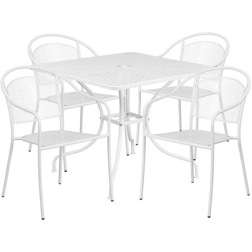 Flash Furniture CO-35SQ-03CHR4-WH-GG 35.5" Dia. White Steel Square Table with 4 Round Back Chairs Patio Table Set