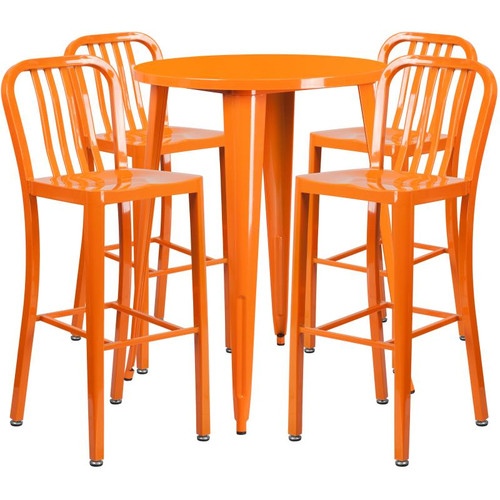 Flash Furniture CH-51090BH-4-30VRT-OR-GG 30" Dia. x 41" H Orange Metal Round Bar Height Table and 4 Bar Stool Set