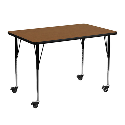 Flash Furniture XU-A3048-REC-OAK-H-A-CAS-GG 48" W x 30" D x 22.4" - 30.5" Adjustable Height Rectangular Oak Activity Table