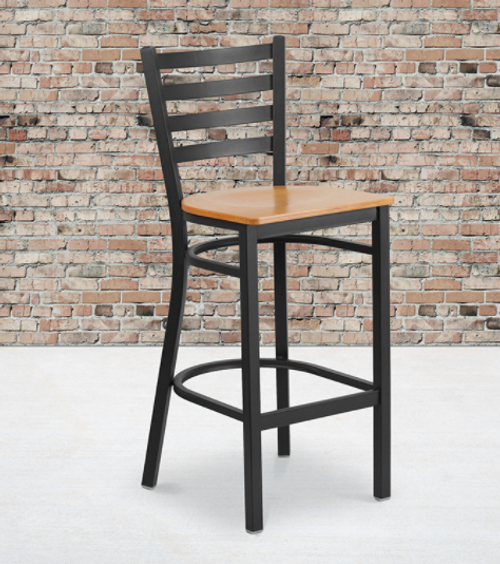 Flash Furniture XU-DG697BLAD-BAR-NATW-GG Natural Finish Seat With Ladder Back Steel Black Powder Coated Frame Hercules Series Restaurant Bar Stool