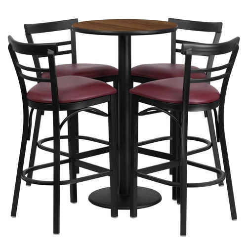 Flash Furniture RSRB1040-GG 24" Dia. Round Walnut Laminate Finish Table and 4 Burgundy Bar Stools Set
