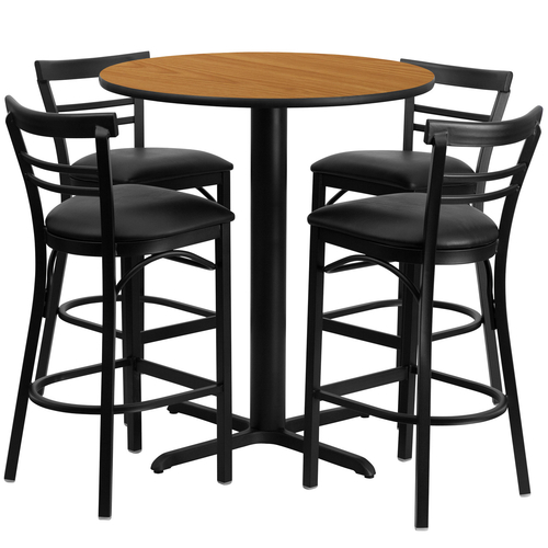Flash Furniture HDBF1035-GG 24" Dia. x 42" H Natural Laminate Finish Round Table Set with 4 Metal Ladder Back Bar Stools